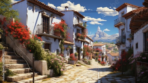 A painting of a cobblestone street in a town