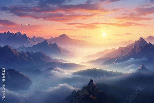A serene sunrise over a misty mountain range, casting a warm glow on the tranquil landscape.