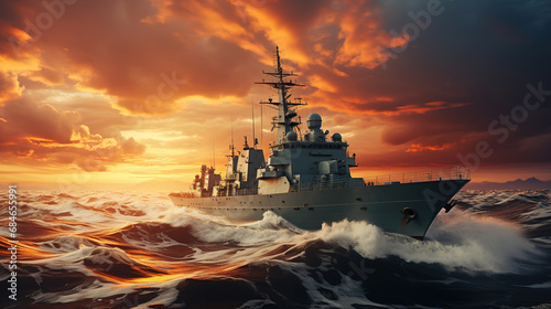 A Beautiful Seascape with a Modern War Ship Dramatic Cloudy Sunset Background