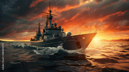 A Beautiful Seascape with a Modern War Ship Dramatic Cloudy Sunset Background