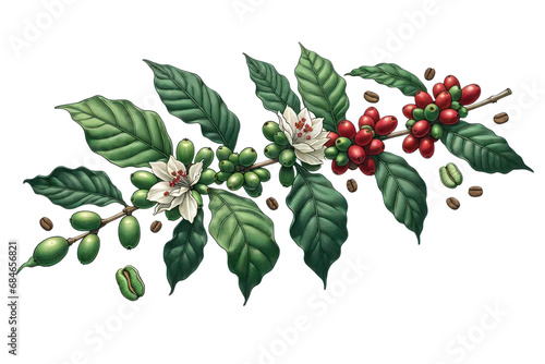 coffee branch with leaves, flowers, and red coffee beans in a hand-drawn style illustration cut out transparent isolated on white background ,PNG file