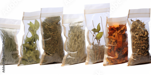 assortment of tea, spices and herbs packing in transparent bags isolated on white background