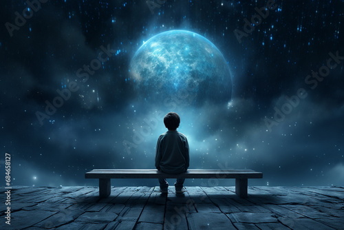child boy sitting alone on a bench, futuristic background