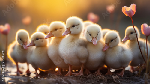 A brood of cute ducklings on a yellow blurred background with hearts