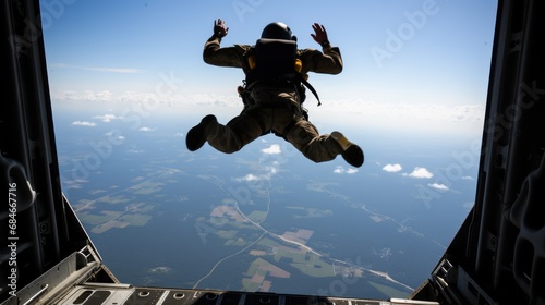Airborne soldier with parachute on back jumps out of plane at sunrise light. Paratrooping military forces officer practices for mission. Trained man dives in open air from army airplane board