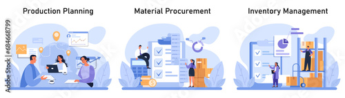 Supply Chain Management set. Illustrating the seamless flow of production planning, material procurement, and inventory management. Strategic business operations in modern design. vector illustration