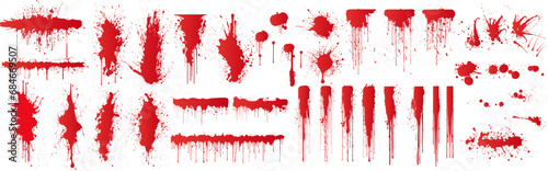Diverse Set of Grunge Red Blood Splatters and Drips for Horror and Thriller Designs. Realistic views of red paint texture with great detail. Vector illustration