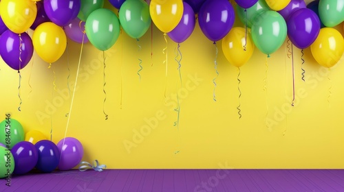 Banner with air balloons for Mardi gras party color concept. violet, gree, yellow