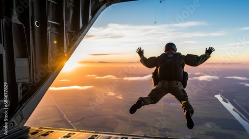 Airborne soldier with parachute on back jumps out of military plane at sunrise light