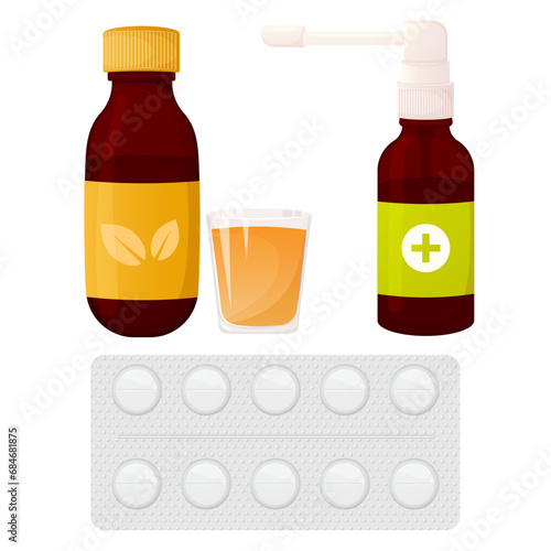 Medicines for sore throat collection. Liquid for rinsing, spray and pills