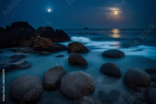Amazing scenery with unusual stones in the sea under a full moon.