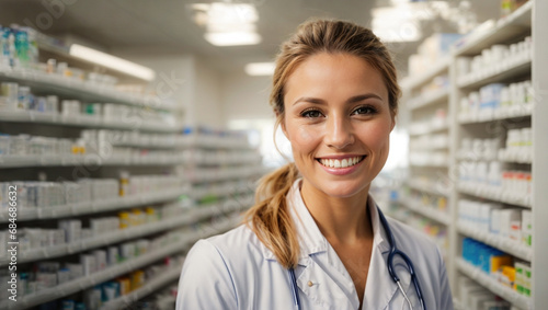 Portrait of a smiling Caucasian female pharmacist standing working in a pharmacy, against the background of blurred shelves with medications. Background of healthcare and medicine. space for text