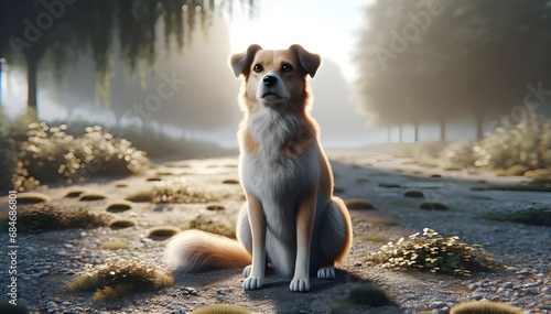 Portrait d'un chien brun et blanc, mammifère domestique attentif et joli. Animal de compagnie assis, capturant l'essence d'un animal attentif.