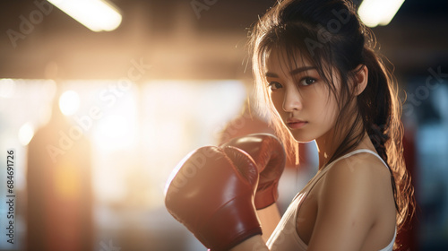 kobieta, trenuje boks w rękawicach na sali treningowej