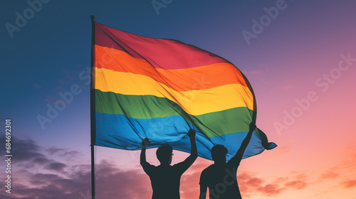 Dwie osoby na tle tęczowej flagi, równouprawnienie LGBT