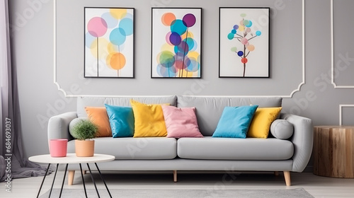 Prosty design kanapy z trzema kolorowymi poduszkami i kolorowymi obrazami na ścianie