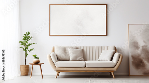 Prosty design szarej kanapy z trzema poduszkami i ramką na obraz wiszącą na ścianie