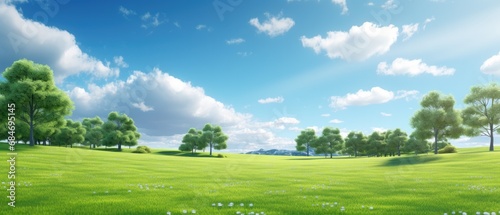Idyllic summer landscape with lush green meadows and clear blue sky. Nature and tranquility.