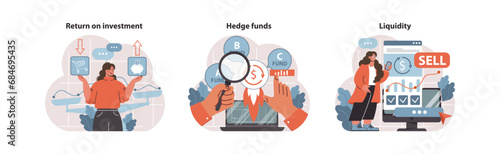 Investment insights set. Analyzing return on investment, understanding hedge funds, managing liquidity. Decision-making, risk evaluation, financial strategies. Flat vector illustration