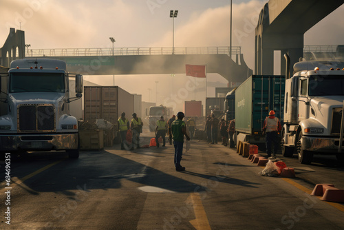 Truck drivers are on strike at state border. A lot of trucks and protesting people are blocking traffic on street