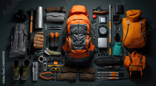 Orange backpack flat lay of various technologies with climbing equipment arranged on black background.