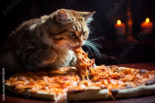 Cat joyfully devouring a slice of pizza in a playful and carefree manner