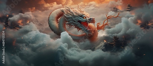 Chinese Dragon Flying among Clouds. create using a generative ai tool 