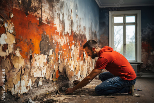 specialist conducts tests and inspects the condition of the wall in an old house. Reconstruction of an old apartment or house, restoration work