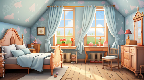 Cozy interior bedroom with bed, wardrobe, bedside tables. Illustration.