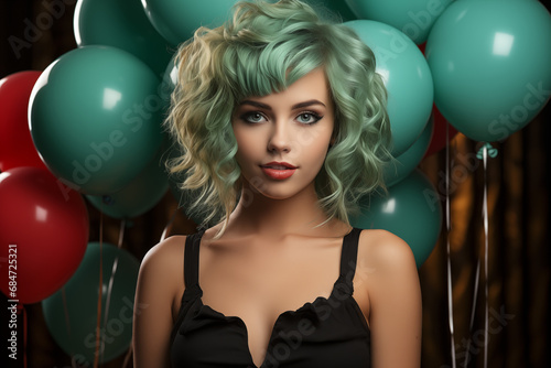Zielone Falowanie: Dziewczyna z wyrazistym makijażem i zielonymi włosami. Jej intensywne spojrzenie podkreśla indywidualność, a tło z kolorowymi balonami dodaje lekkości tej kompozycji.