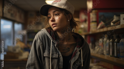 Portrait of Tattooed Woman with Trucker Vibe at Gas Station, Concept of Bold Individuality and Edgy Style in Unconventional Settings