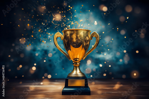Gold winner cup trophy on dark background under spotlights with abstract shiny gold and blue lights