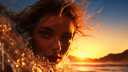 Dentro dos olhos, mulher bonita na praia, hora dourada