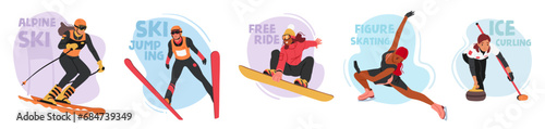 Characters In Winter Sports Activities. Alpine Skiing, Ski Jump, Snowboarding Free Ride, Figure Skating, Ice Curling