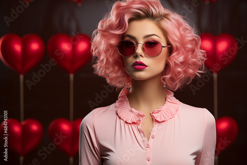 Dziewczyna w Różu. Zmysłowa dziewczyna w jasnoróżowej bluzeczce i włosach, oczarowuje swoim wdziękiem. Czerwone serca w tle dodają zdjęciu uroku, podkreślając delikatność i romantyzm tej kompozycji.