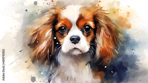 watercolor portrait tricolor cute cavalier king charles spaniel puppy