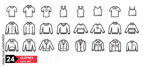 Clothes - vector icon set, shirt, undershirt, blazer, shirt, polo, jacket, sweater, turtleneck sweater