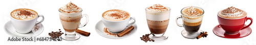 Collection of hot coffee cappuccino latte art isolated on transparent background