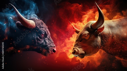 Conceptual illustration of the confrontation between two aggressive bulls. Fire and flame. Illustration for banner, poster, cover, brochure, advertising, marketing or presentation.