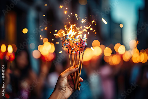 A person holding a sparkler in their hand created with generative AI technology