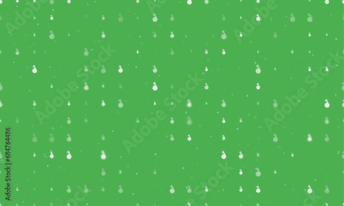 Seamless background pattern of evenly spaced white bomb symbols of different sizes and opacity. Vector illustration on green background with stars