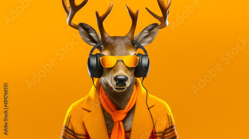 Funny deer wearing headphones and listening to music on yellow background