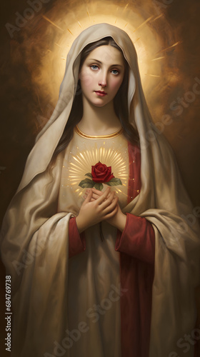 Portrait of the Virgin Mary with red rose in her hands.