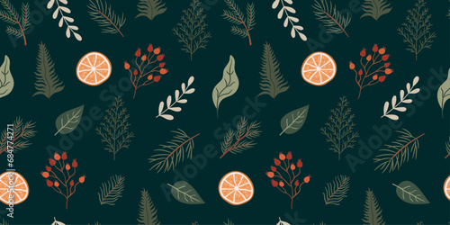 Christmas winter seamless pattern with berries, leaves, tree branches, orange, wallpaper, background