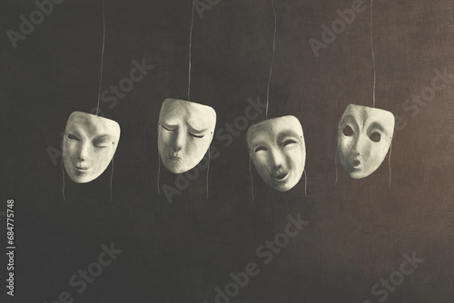 illustration of theatrical white masks with different facial expression