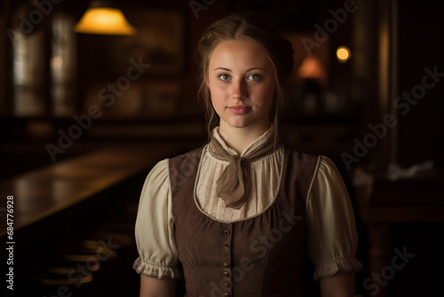 Pretty saloon waitress - wild west era - old west - western - Victorian - hair pulled back in a bun - brown dusty worn uniform