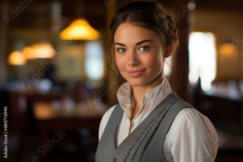 Pretty saloon waitress - wild west era - old west - western - Victorian - smiling - happy - gray vest and white shirt - hair pulled back in a neat bun