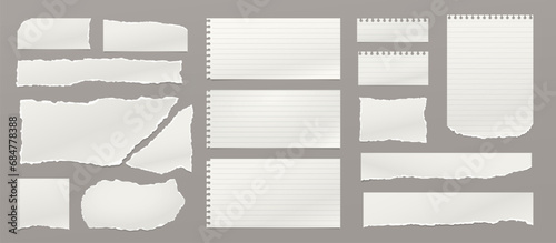 Set of torn, ripped paper strips, lined notebook paper with hard shadow are on dark grey background for text.