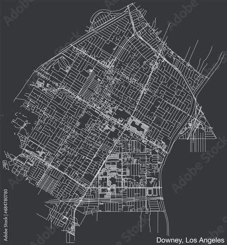 Detailed hand-drawn navigational urban street roads map of the CITY OF DOWNEY of the American LOS ANGELES CITY COUNCIL, UNITED STATES with vivid road lines and name tag on solid background