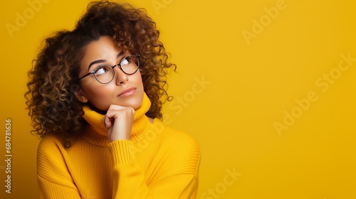 A thoughtful and dreamy young woman from Europe is wearing round glasses and a sweater. She looks suspicious while looking away and holding her hand near her mouth. The background is